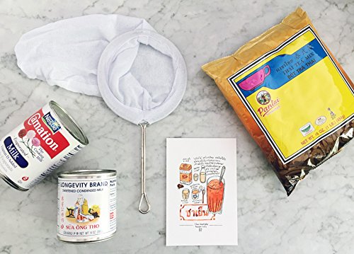 Thai Iced Tea Gift Set with Pantai Tea Mix, Sweetened Condensed Milk, Evaporated Milk, Strainer and Recipe Card (5 items)