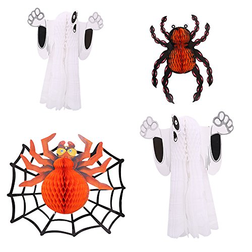 Conjugal Bliss 1PC Paper Lanterns Halloween Party Decoration Tissue Paper Honeycomb Spooky Night Spider Ghost Paper Lantern for Home Festival Bar Entertainment Place Decor (2 GHOST / 2 SPIDER)