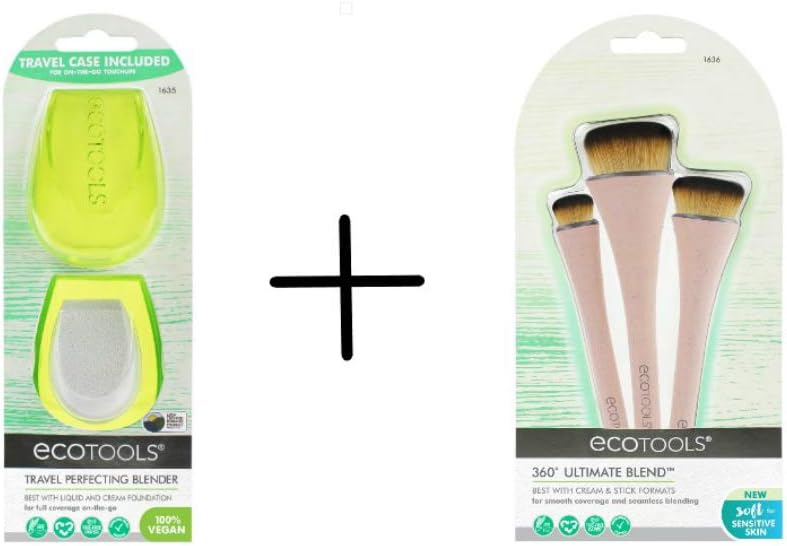Ecotools 360 Ultimate Makeup Brush Set with Travel Sponge Blender for Foundation, Blush, Bronzer, and Concealer, Set of 4