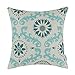 CaliTime Canvas Throw Pillow Cover Case for Couch Sofa Home Decoration Three-Tone Dahlia Floral Compass Geometric 18 X 18 Inches Teal/Duck Egg/Gray