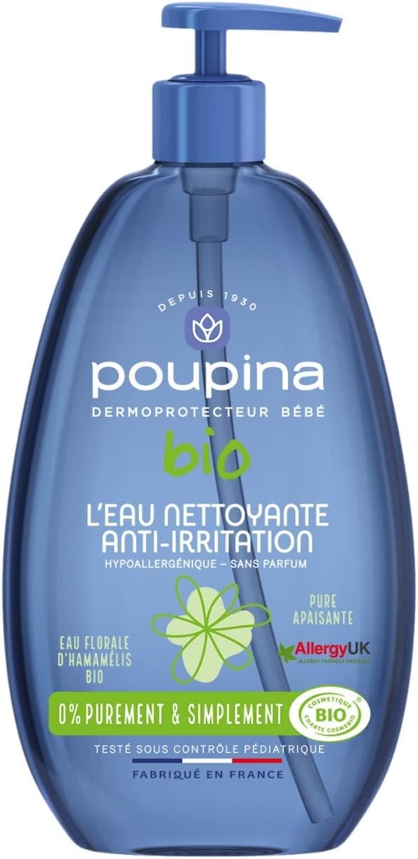 POUPINA - Baby Cleansing Water anti-irritation, Organic, 99% Natural, Fragrance Free, Hypoallergenic - Witch Hazel and Aloe Vera - Vegan, Made in France, 485 mL