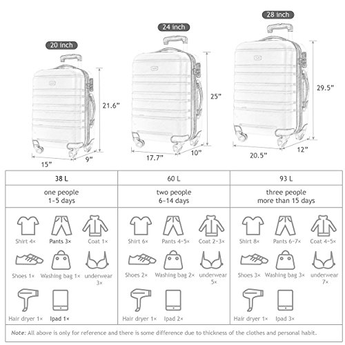 3 Pcs Luggage Set Hardside Travel Suitcase with Spinner Wheels Lightweight Durable ABS Hardshell TSA Lock 20 24 28 inch