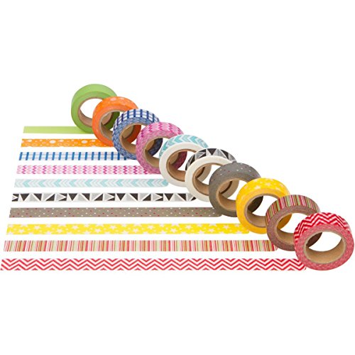 DIY Crew Washi Tape, Pack of 10. Colorful Decorative Paper Tape Set with Geometric Pattern Designs Cute Colored Collection
