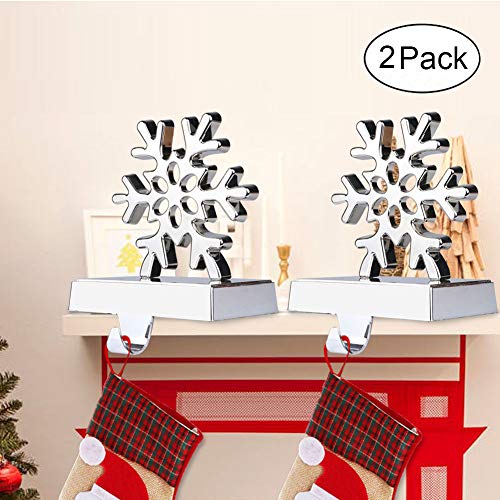 Fowecelt 2 Pack 3D Snowflake Christmas Stocking Hanger Silver Metal Mantel Stockings Holders for Christmas Decorations