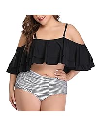 YSense Traje de baño de dos piezas para dama, con volantes, hombros descubiertos, estampado de cintura alta, parte inferior