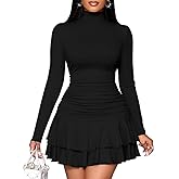 LAGSHIAN Women's High Neck Ruffle Hem Mini Dress Long Sleeve Ruched Short Club Party Dresses
