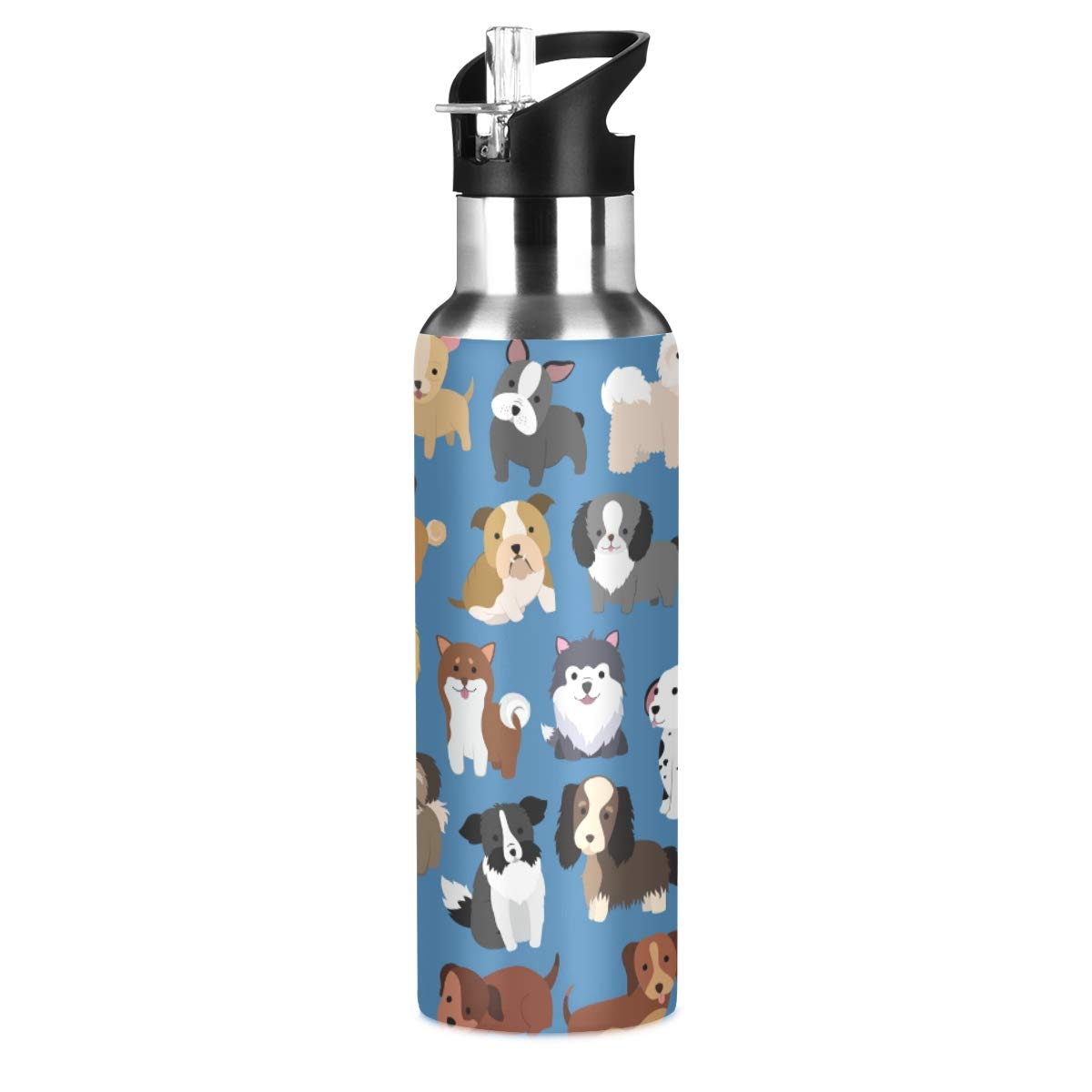 ALAZA Stainless Steel Water Bottle with Straw, Cute Dog And Puppy Insulated Drink Flask Sports Water Bottle for Kids Adults, Leakproof, 600ml