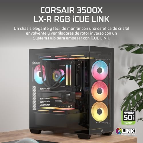 Caixa de PC 3500X LX-R RGB iCUE Link Mid-Tower com painel panorâmico de vidro – Inclui 3X LX120-R RGB e iCUE Link System Hub, pode incluir até 10 ventoinhas de 120mm – Preto