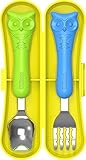 Edison Baby Flat Edge Spoon & Grooved Fork Set with Case (Baby, Owl Green/Blue Set)