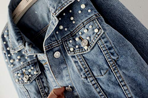 HJuyYuah Women's Blue Long Sleeve Denim Jacket Pocket Beading Casual Short Outwear Coat - Thumbnail 5