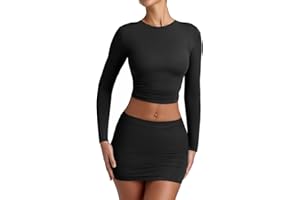 YFANG Women's Sexy Two Pieces Pencil Mini Skirt Set Long Sleeve Crew Neck Crop Top Short Bodycon Skirt Outfits