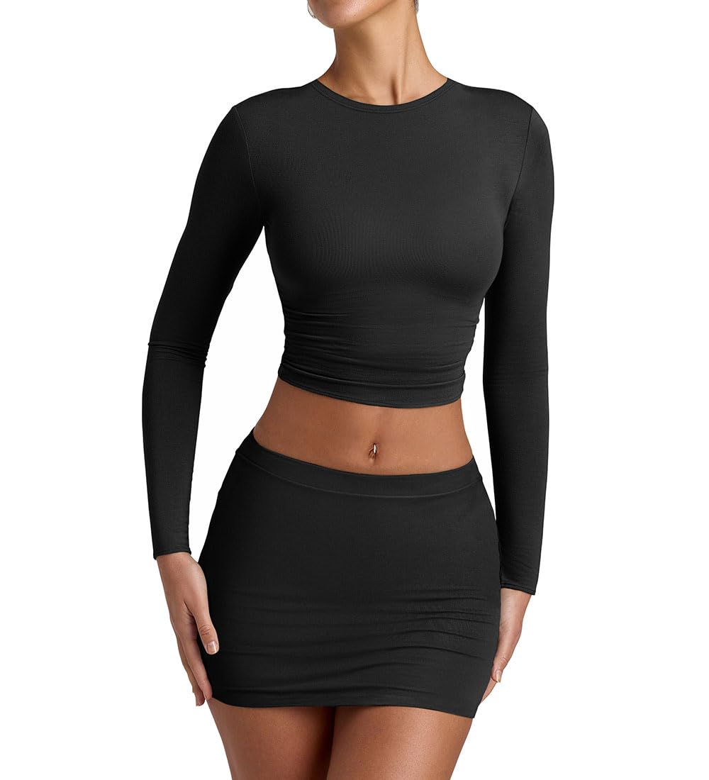 Photo 1 of *MINOR DAMAGE - USED*
YFANG Women's Sexy Two Pieces Pencil Mini Skirt Set Long Sleeve Crew Neck Crop Top Short Bodycon Skirt Outfits Black Small