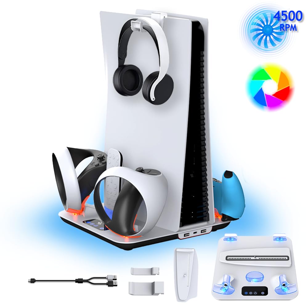 Ps5/Slim/Pro Cooling Stand and Controller Charging Station for Ps5 Vr2 with RGB Lights ;Playstation5 Console Silent Cooling Station;Vr2 Controller Fast Charger; Ps5/Pro/Slim/Vr2 Accessories Kit
