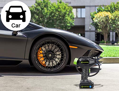 HAWKFORCE Tire Inflator Air Compressor, Cordless Portable Car Tire Air Pump with Easy to Read Digital Pressure Gauge, Built-in LED Light, Long Length 99 Inches Car Charger,Tool Bag.