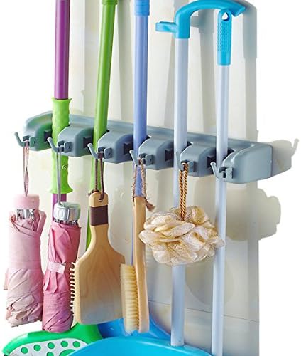 DearyHome Mop Broom Holder Wall Mount with 5 Ball Slots and 6 Hooks Garage Tool Storage Rack Organizer