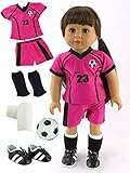Pink & Black Soccer Player Outfit with Uniform, Shin Guards, Socks, Soccer Ball, and Shoes | Fits 18