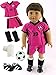 Pink & Black Soccer Player Outfit with Uniform, Shin Guards, Socks, Soccer Ball, and Shoes | Fits 18