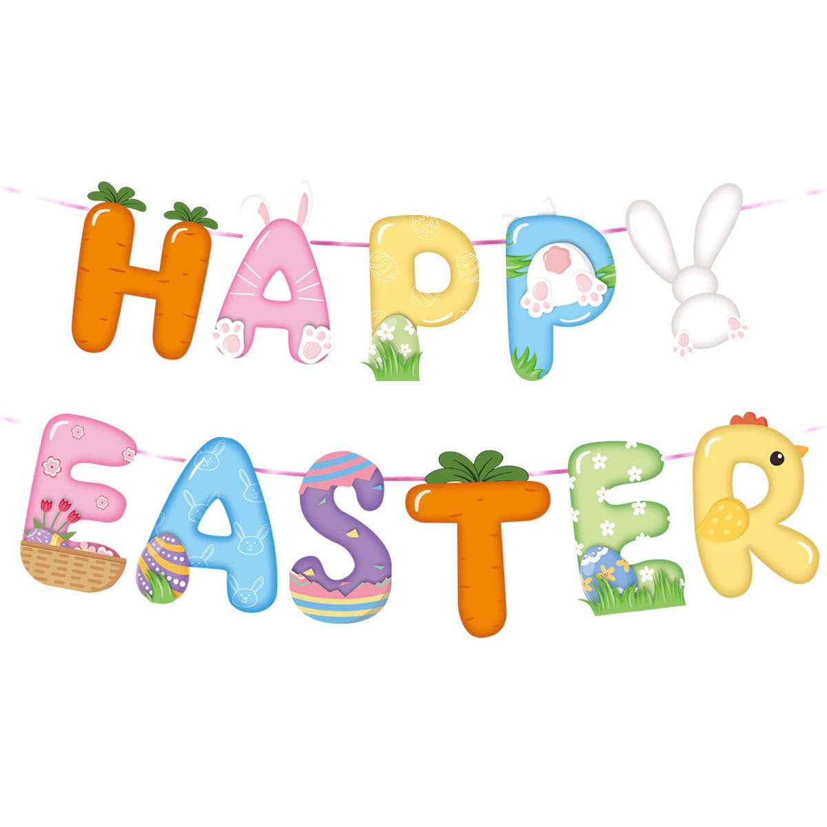 Happy Easter Banner, Colorful Easter Banner Bunny Party Decoration with Eggs Chick Carrot Signs Spring Happy Easter Party Decorations for Home Mantle Fireplace Office Classroom Easter Party Decor Supplies
