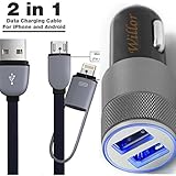 USB Car Charger for iPhone 5, Willor 3.4A Rapid Cell Phone Car Chargers + 2in1 3ft 8-pin Micro to USB Lightning Cable for iPhone 6s 6 plus 5s 5, iPad Air Pro, Samsung Galaxy, Other Smart Devices