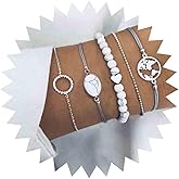 Erimberate Bohemian Layered Marble Bead Bracelet Silver World Map Bracelet Oval Hollow Circle Bracelet Jewelry for Women Gifts