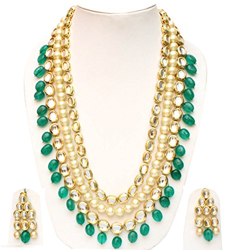 Indian Bollywood Ethnic Jadau Kundan Stone Pearl Green Long Necklace Set with Earring Wedding Jewelry