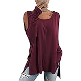 Hongqizo Women's Cold Shoulder Long Sleeve Sweatshirt Casual Crew Neck Side Split Loose Pullover Tops Blouses