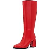 Aizhenzm Knee-High Boots for Women - Wide Calf Boots with Zipper, Square Toe Tall Leather Boots, Chunky Heel Fashion Long Boots