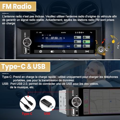 Junsun Autoradio 1 DIN Écran Tactile 6,36" avec CarPlay & Android Auto, Bluetooth, GPS, FM, Charge Type-C, 2 USB, Microphone, Égaliseur, Commandes au Volant