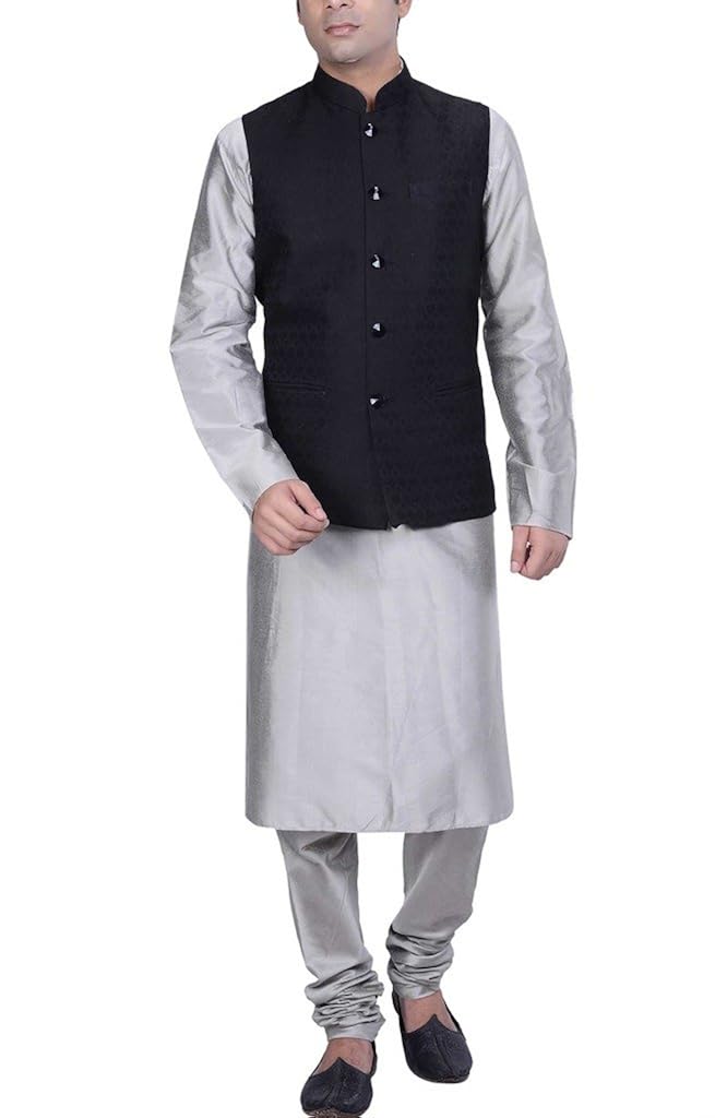 kisah men's grey cotton silk kurta and churidar with grey cotton silk nehru jacket