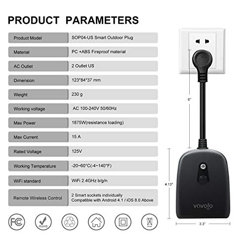 Outdoor Smart Plug WiFi Outlet Waterproof Wireless Power Strip Socket with Timer & Countdown, Compatible with Alexa, Google Home and IFTTT, Remote Control via Smartphone