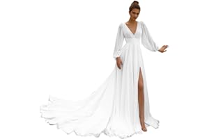 Huaxiafan Beach Long Sleeve Wedding Dresses for Bride V Neck Empire Waist Slit A Line Chiffon Bridal Gown with Train