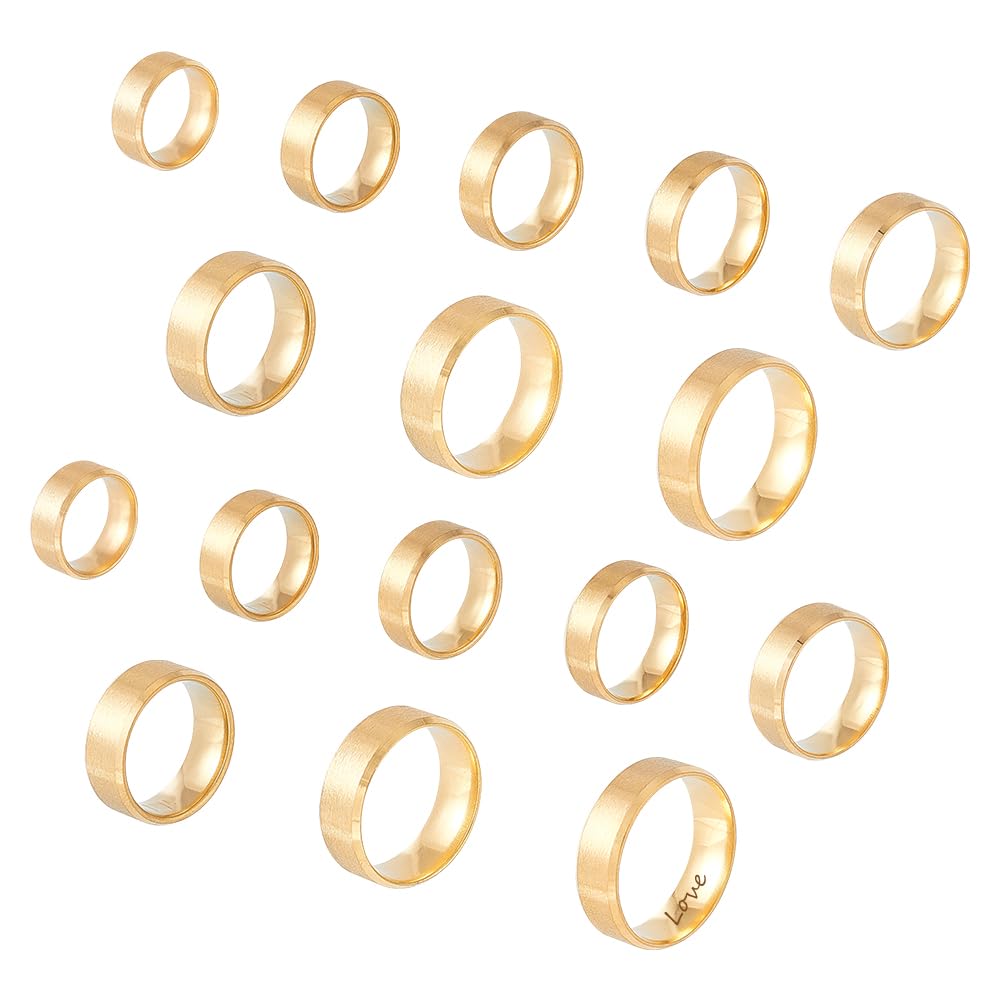UNICRAFTALE about 16pcs 8 Sizes Blank Finger Ring Matte Gold Ring Stainless Steel Laser Inscription Plain Metal Wedding Classical Ring with Velvet Pouches for Jewelry Making Gift