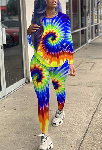 Womens 2 Pcs Long Set Casual Outfits Tie Dye Print Long Shirts Bodycon Sportswear Set Activewear RoyalBlue M - Thumbnail 4