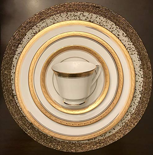 Decozen Handmade Round Beaded Placemat for Coffee Table Dining Table High Quality Beads Heat Resistant Scratch Proof and Easy to Care Kitchen Décor Table Mat with Diameter 14 inches - Antique Gold