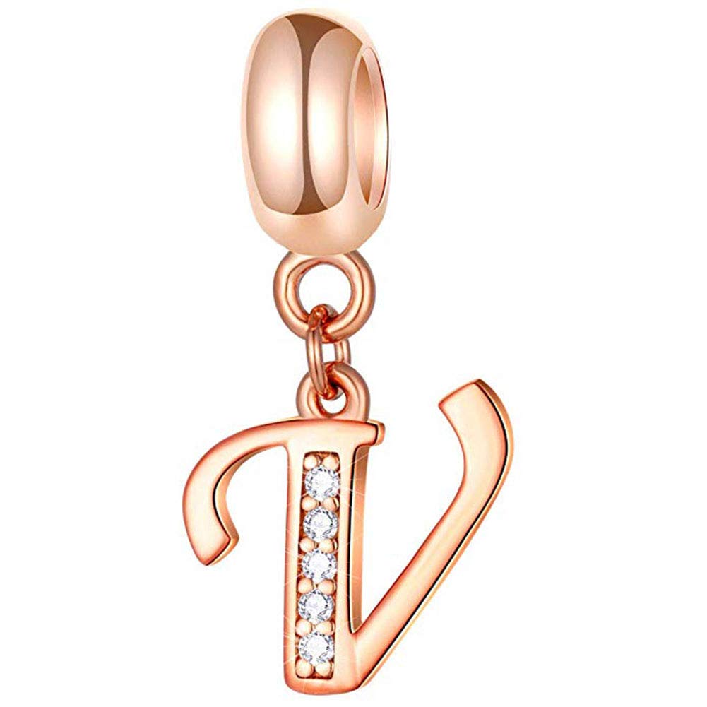 925 Sterling Silver Rose Gold Charm Alphabet Charm Love Charm Anniversary Charm Birthday Charm for Pandora Charm Bracelet (V)