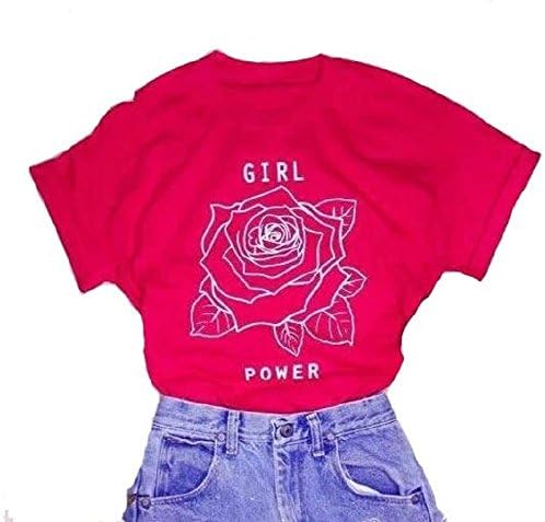 Women Tee Girl Power Rose Print T Shirt Short Sleeve Flower Hippie Tops Red 2XL