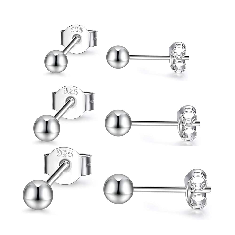 PRETTERY Sterling Silver earrings, 925 Sterling Silver 3 Pair Round Ball Stud Earrings Set, Size 3mm, 4mm, 5mm