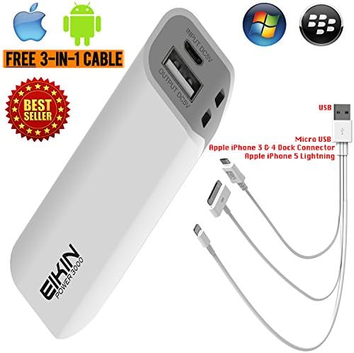 Eikin Power 3000 Portable Compact Lipstick Size External Battery Mini Power Bank Charger for Mobile Cell Phone. Compatible with Apple iPhone 6, 6 Plus, 5 5s 5c 4S, 3, Samsung Galaxy S5 S4 S3 Note 3, 4, Nexus 4, HTC One M8, Nokia Lumia 520, 1020 and Many Other Smartphones. Small Lightweight and Tough Battery Backup. Alternative to Anker Astro Mini. FREE UPGRADE: Premium Cable - USB to Mini USB, iPhone Lightning Cable, iPhone 3 &amp; 4 Dock Connector. 18-Month Warranty! (White with Black Print)