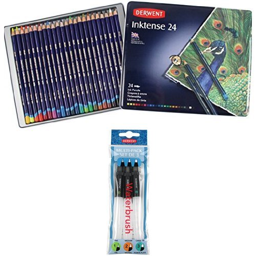 Derwent Drawing Pencils, Inktense, 4mm Core, Metal Tin, Watercolor, 24 Per Pack (0700929) + Waterbrush pack