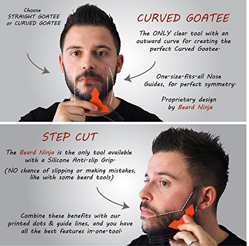 The BEARD NINJA - Beard Shaping Tool Template. Clear Shaper Guide for Lineup & Edging. Transparent Stencil Styling Goatee, Mustache & Neckline + Curve/Step or Straight Cut +Anti-Slip Grip (Red) - Thumbnail 3