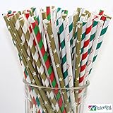 150 Christmas Holiday Paper Straw Combo, 6 Designs - 100% Biodegradable - 7.75 Inches - Holiday Party Supply - 150 Straws, 6 Patterns Individually Packed