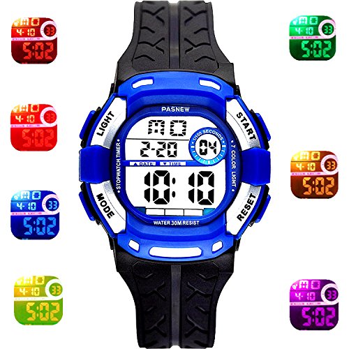 Kids Sport Outdoor Digital Waterproof 7-Color Flashing Light for Childrens Boys Girls Kids Gift Watch Age 4-12 (Black-Blue)