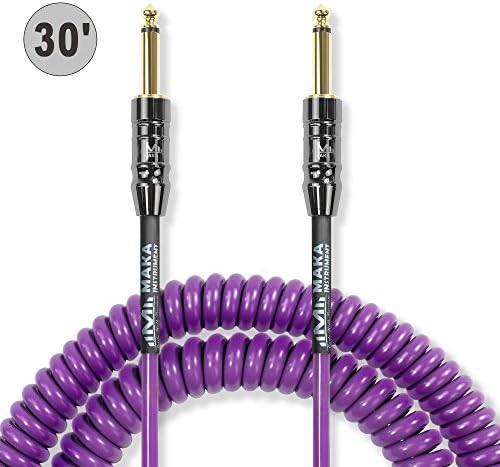 M MAKA Premium Guitar Coil Cable 30 Feet, Instrument Coiled Curly Cord for Guitar Bass 1/4 inch Straight to Straight, Purple