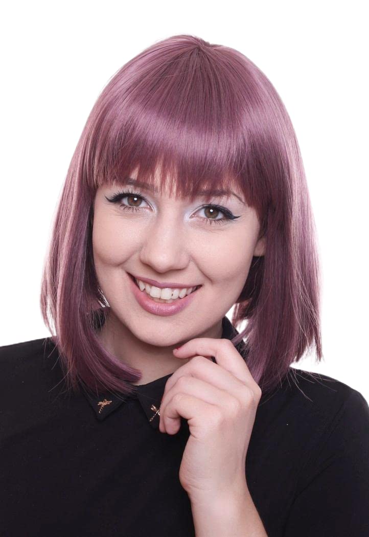 Prettyland Plum Violet Purple Mid -length BOB Cut Short Hair Wig Straight Bangs Natural Matt C573 — image 1