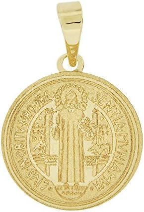 14k Yellow Gold, Saint Benedict Reversible Pendant Religious Charm Laser Engraved 16mm