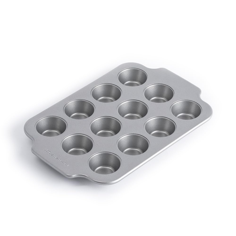 KitchenAid Bakeware Aluminized Steel PFAS-Free Nonstick 12-Cup Mini Muffin Tray, Oven Safe, Grey