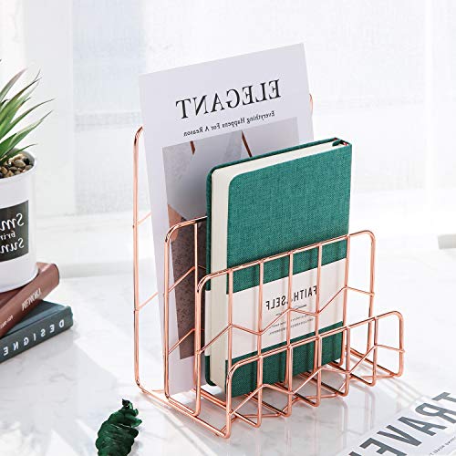 Simmer Stone Mail Sorter, 3 Slot Letter Holder Rack, Decorative Desk Paper Organizer for Postcards, Envelopes, Brochures and Files, Size 5.9" x 3.9" x 7.1", Rose Gold