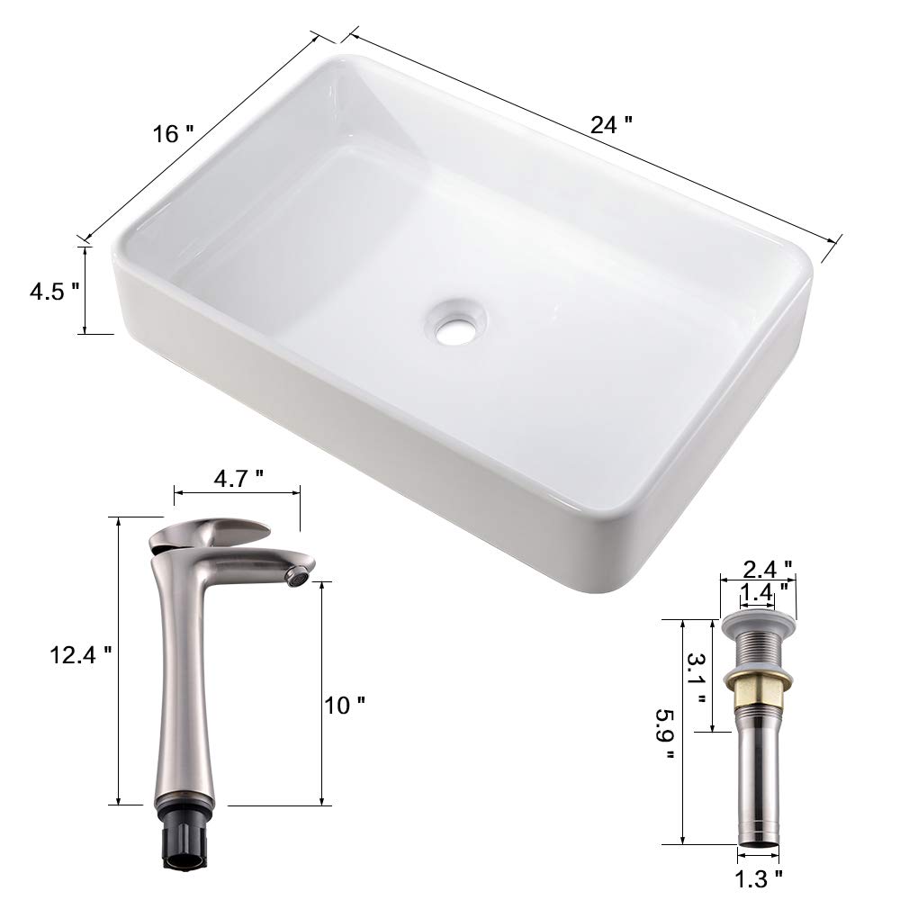 Bokaiya 24x16 Vessel Sinks And Faucet Combo Modern Rectangle Bathroom Above White Porcelain Ceramic Vessel Vanity Sink Art Basin White Bathroom Sink With Brushed Nickel Faucet And Pop Up Drain Vessel Sinks