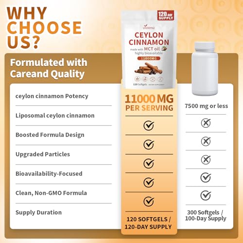 2-in-1 Organic Ceylon Cinnamon with MCT Oil Supplements Softgels, 120 Day Supply, Liposome Highly Bioavailable Extract, Energy & Metabolism Support, Non-GMO, Gluten Free, 120 Large Granule Softgels