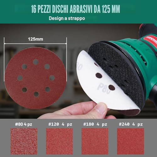 Hychika Orbital Sander, 300W 12000OPM Wood Sander, 6 Speed, with 16 Pieces Sanding Discs 125, with Quick Brake Function for Wood Sanding and Polishing
